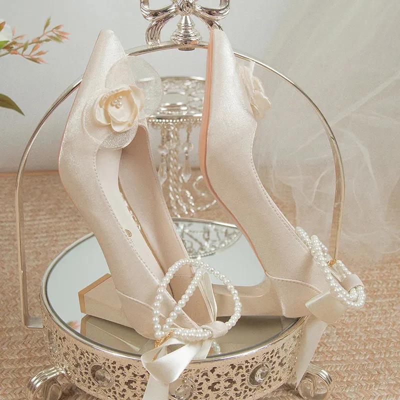 Hnzxzm Bridal Shoes 2024 New Flower High Heel Pumps Women Elegant Pearl Strap Wedding Party Shoes Woman Silk Pointed Toe