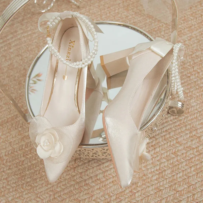 Hnzxzm Bridal Shoes 2024 New Flower High Heel Pumps Women Elegant Pearl Strap Wedding Party Shoes Woman Silk Pointed Toe