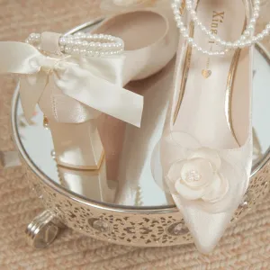 Hnzxzm Bridal Shoes 2024 New Flower High Heel Pumps Women Elegant Pearl Strap Wedding Party Shoes Woman Silk Pointed Toe