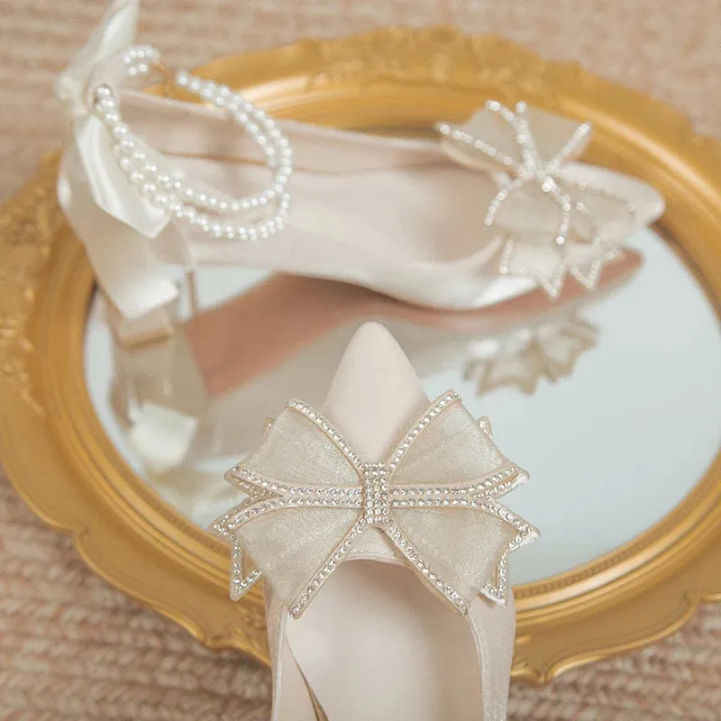 Hnzxzm Bridal Shoes 2024 New Flower High Heel Pumps Women Elegant Pearl Strap Wedding Party Shoes Woman Silk Pointed Toe