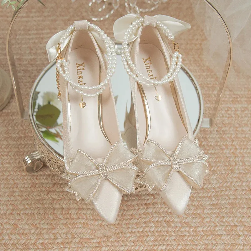 Hnzxzm Bridal Shoes 2024 New Flower High Heel Pumps Women Elegant Pearl Strap Wedding Party Shoes Woman Silk Pointed Toe