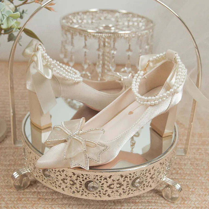 Hnzxzm Bridal Shoes 2024 New Flower High Heel Pumps Women Elegant Pearl Strap Wedding Party Shoes Woman Silk Pointed Toe