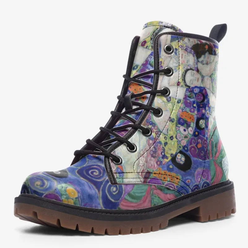 Klimt Art Nouveau Combat Boots| Abstract Embrace Lace Up Boots| Renaissance boots| Purple Vegan Leather Shoes| For Women| Men| Art Lover