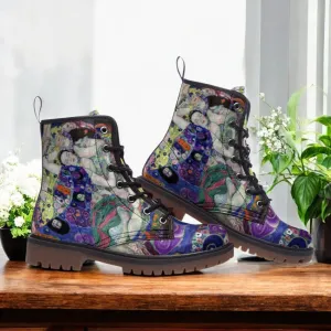 Klimt Art Nouveau Combat Boots| Abstract Embrace Lace Up Boots| Renaissance boots| Purple Vegan Leather Shoes| For Women| Men| Art Lover