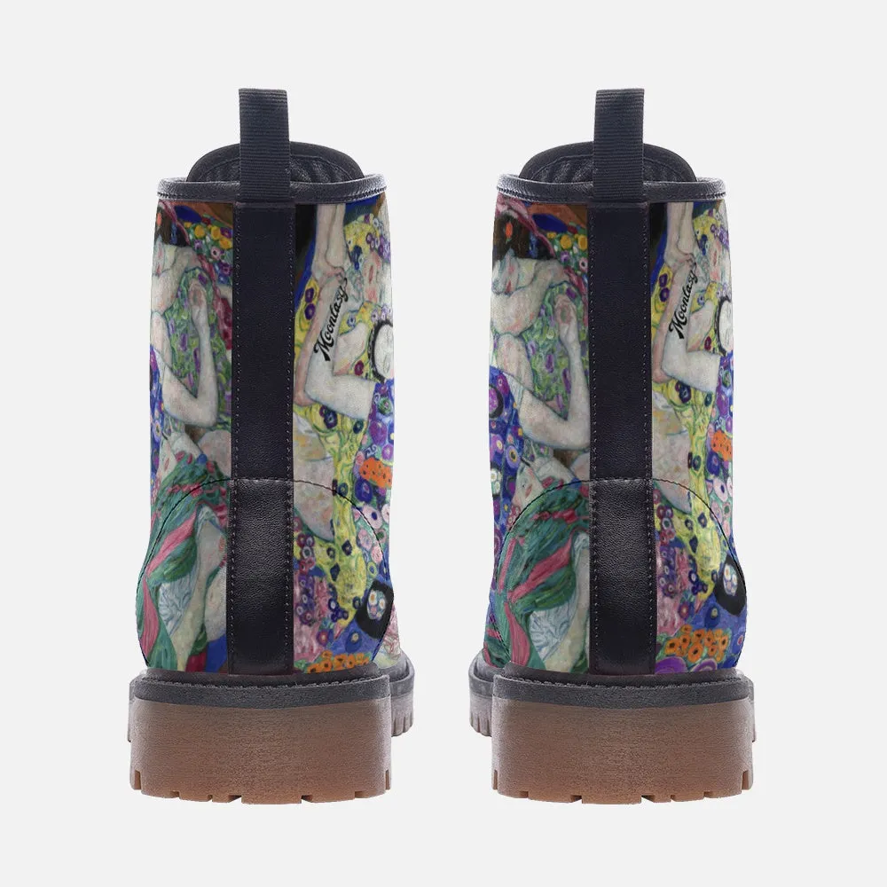 Klimt Art Nouveau Combat Boots| Abstract Embrace Lace Up Boots| Renaissance boots| Purple Vegan Leather Shoes| For Women| Men| Art Lover