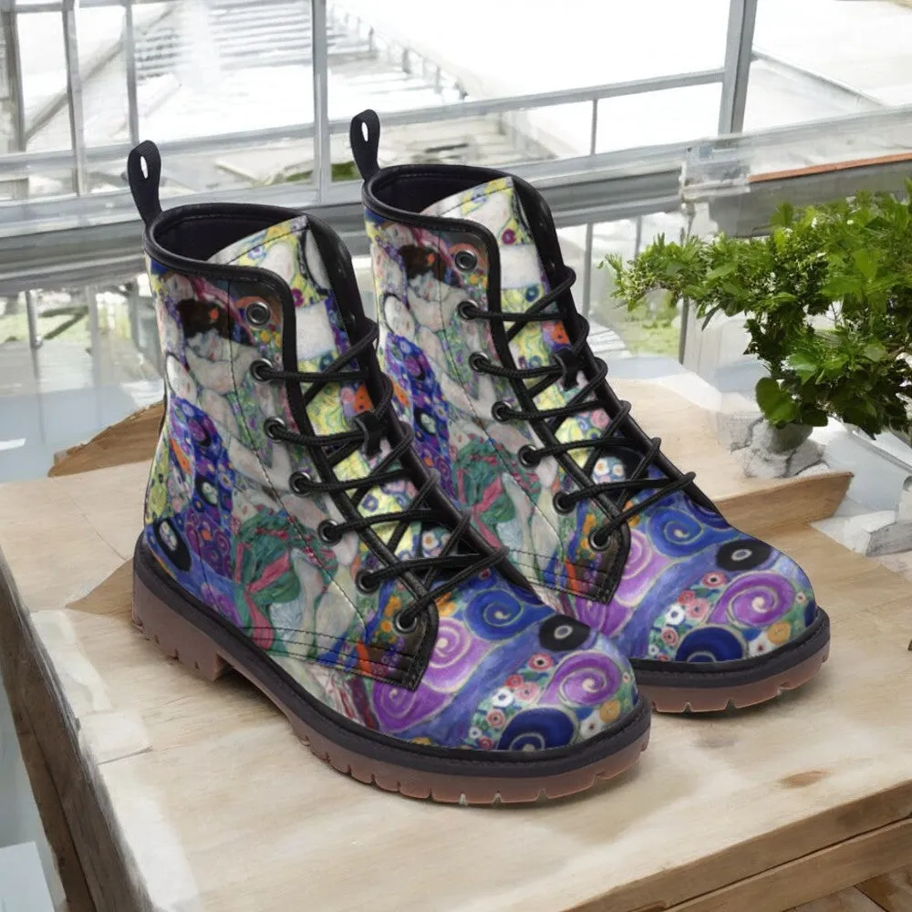 Klimt Art Nouveau Combat Boots| Abstract Embrace Lace Up Boots| Renaissance boots| Purple Vegan Leather Shoes| For Women| Men| Art Lover