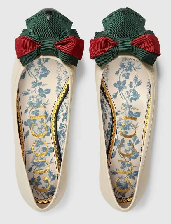 Leather Ballet Flat with Web Bow - White or Blue