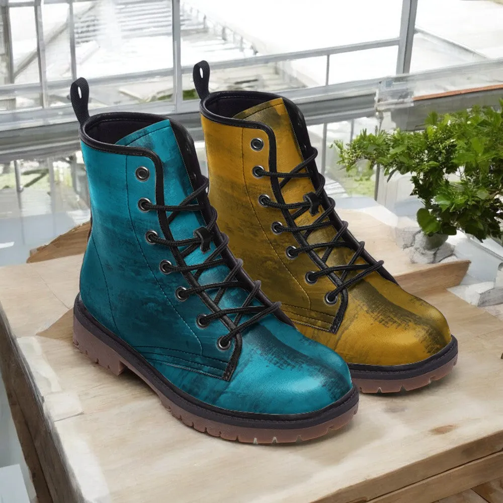 Mismatched Teal and Gold Combat Boots| Turquoise Boots| Fantasy Boots| Punk Boots| Blue and Yellow Vegan Leather| For Men| Women| Lace up|