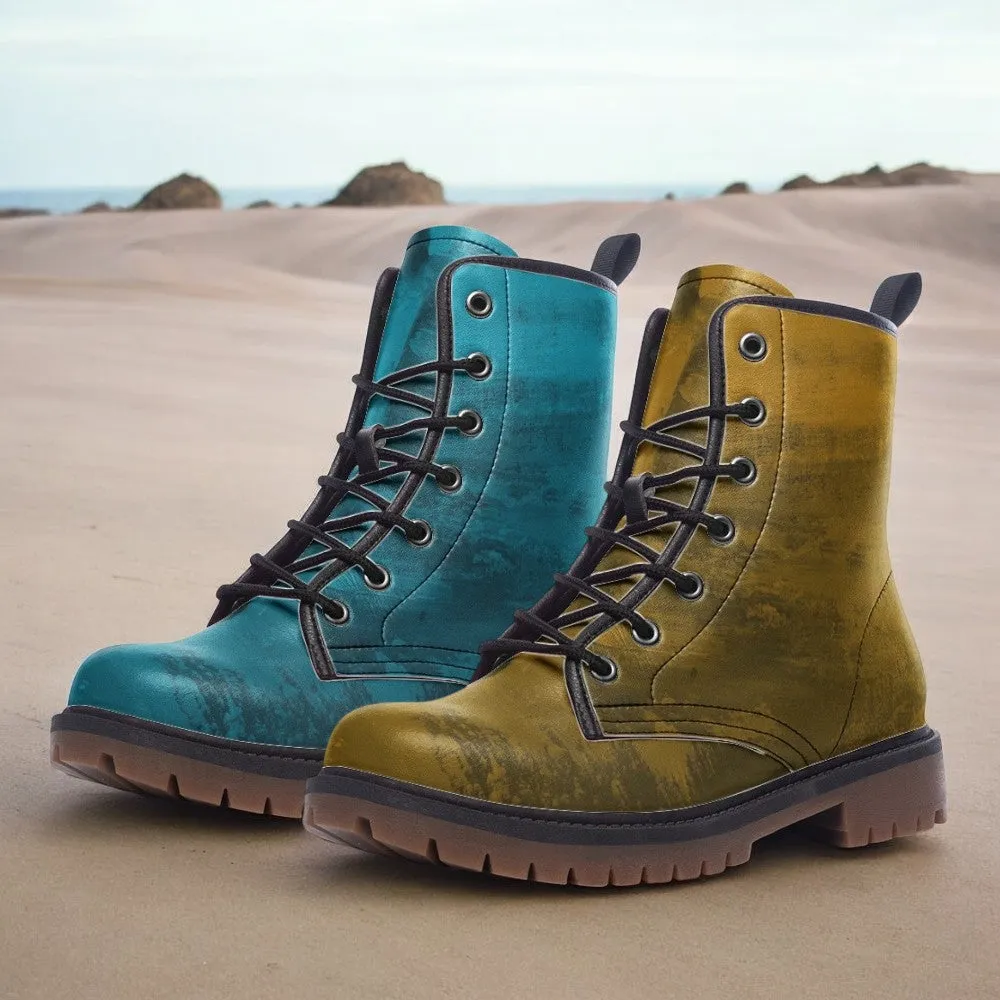 Mismatched Teal and Gold Combat Boots| Turquoise Boots| Fantasy Boots| Punk Boots| Blue and Yellow Vegan Leather| For Men| Women| Lace up|
