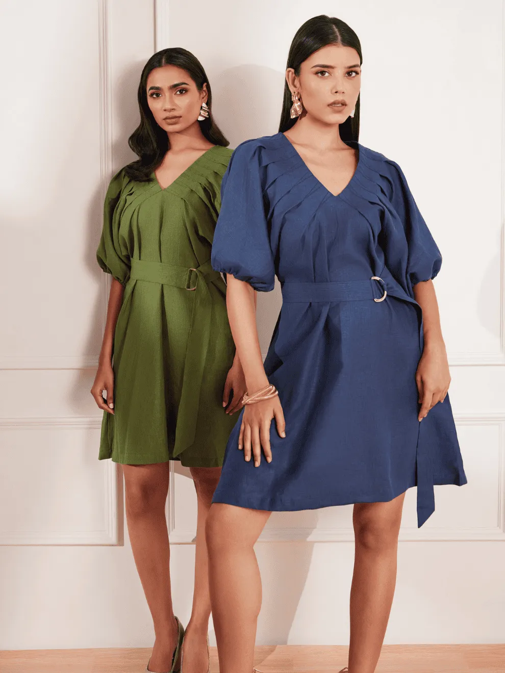 Moroccan Blue Hemp V Neck Pleated Dress