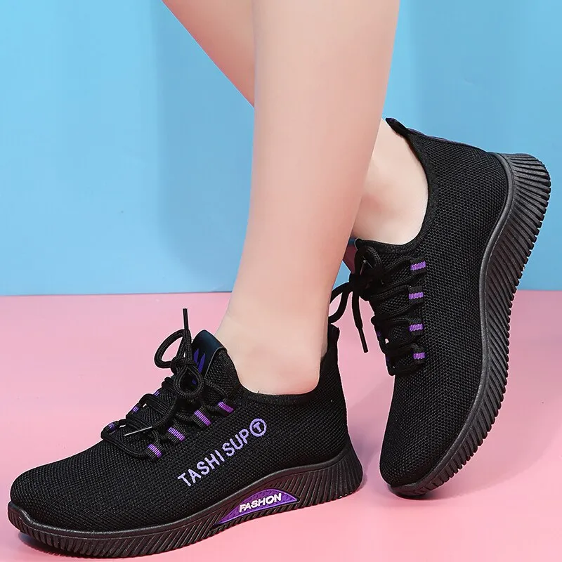 New Soft Bottom Running Women's Shoes Breathable Flat All-match Fashion Mesh Casual Light Set Foot Lace Sports Casual Shoes