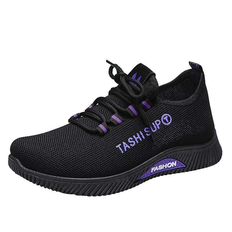 New Soft Bottom Running Women's Shoes Breathable Flat All-match Fashion Mesh Casual Light Set Foot Lace Sports Casual Shoes