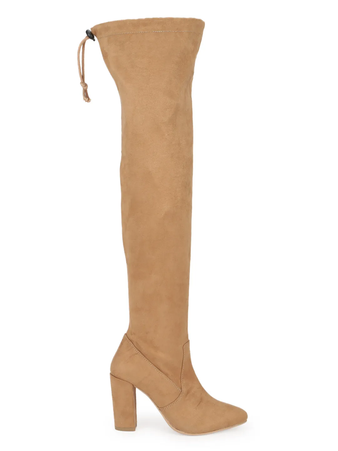 Nude Suede Block Heel Thigh High Boots