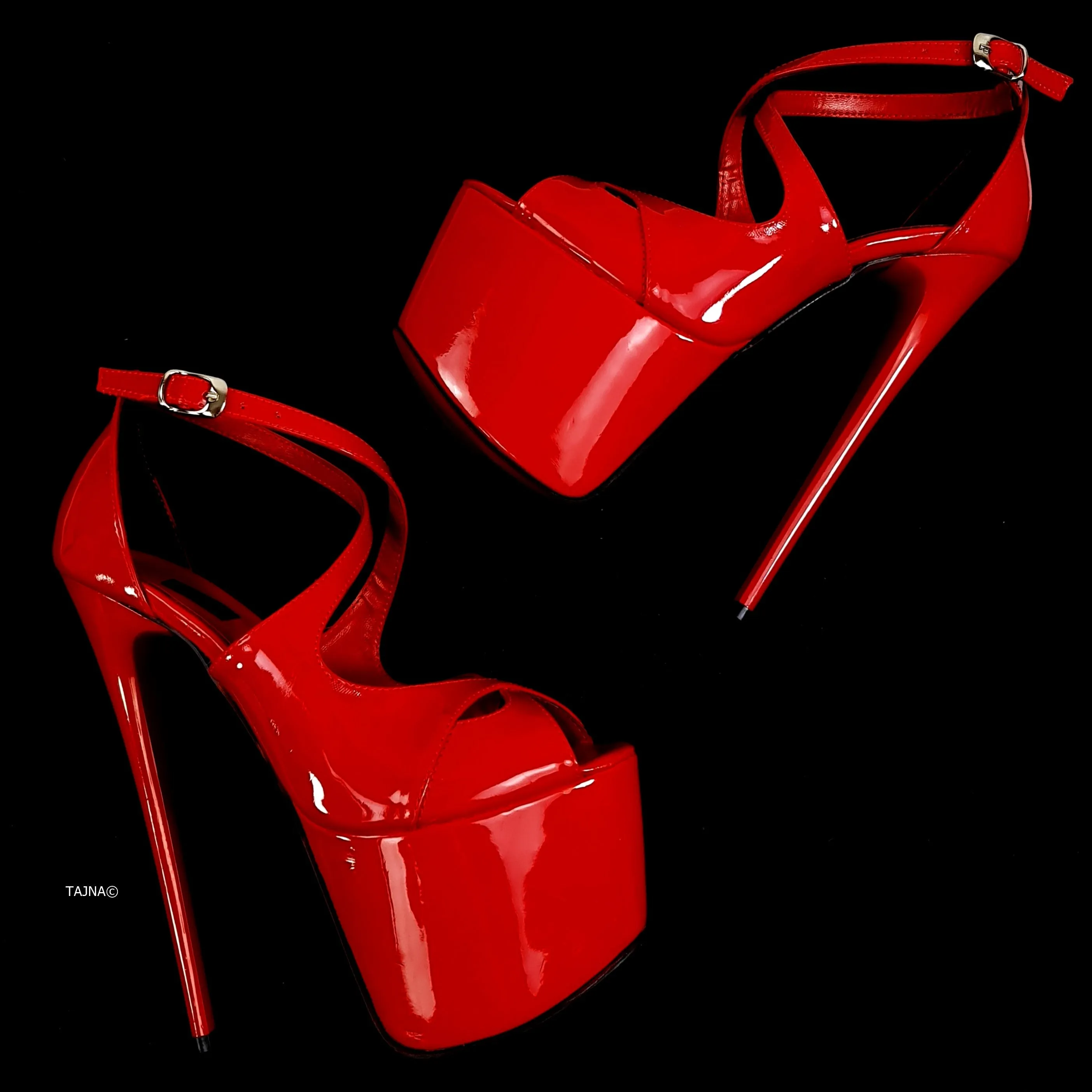 Red Gloss Cross Strap Peep Toe Heels