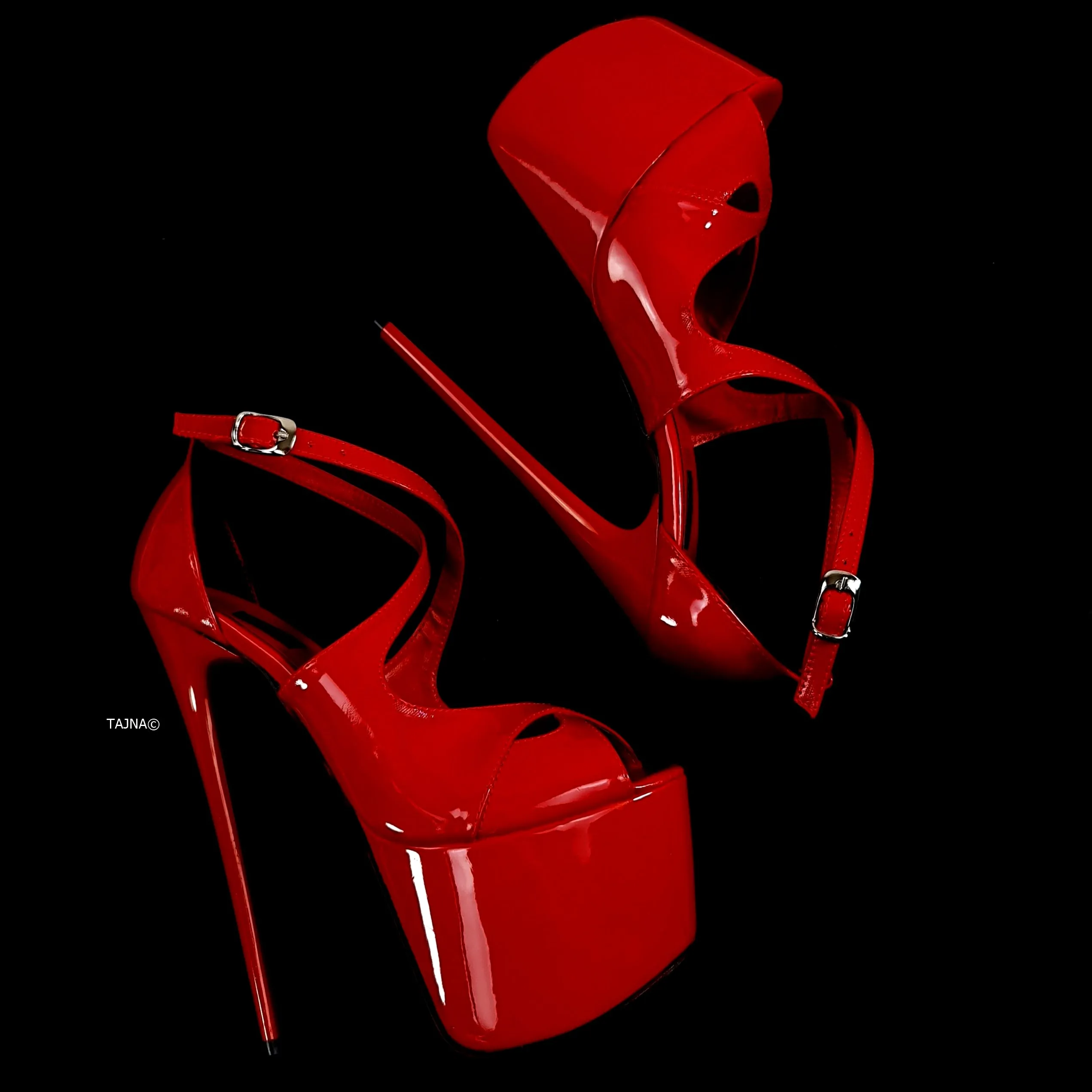 Red Gloss Cross Strap Peep Toe Heels