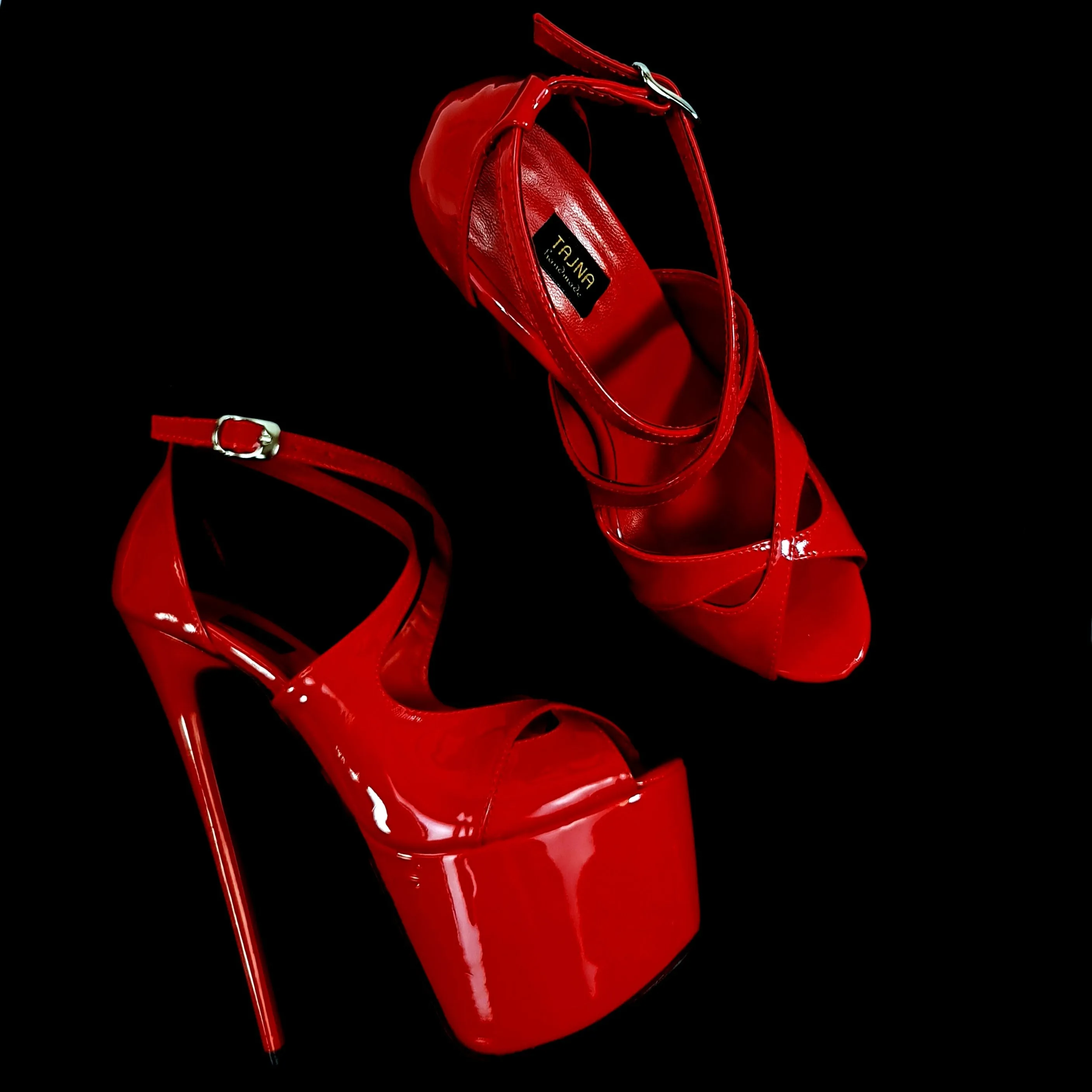 Red Gloss Cross Strap Peep Toe Heels