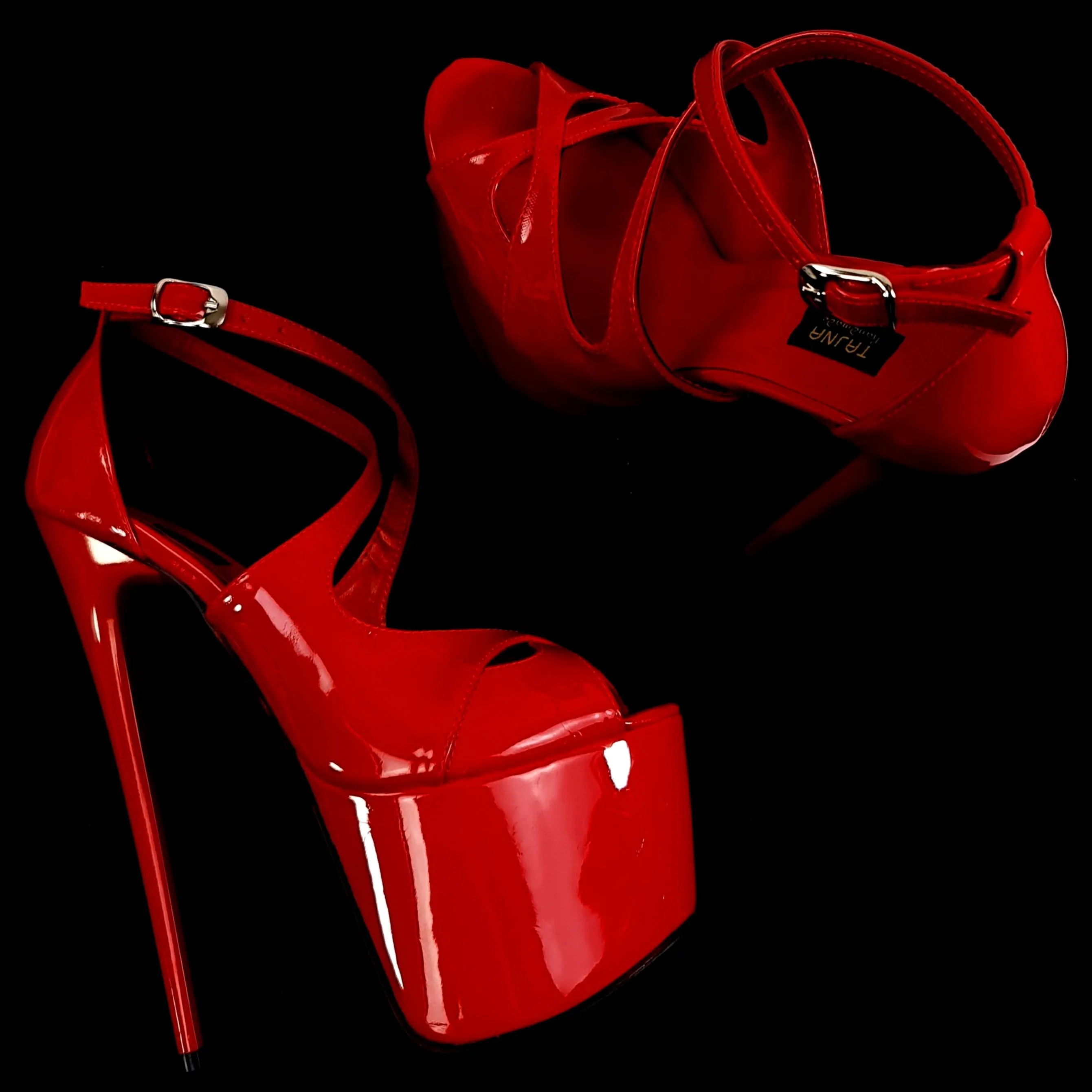 Red Gloss Cross Strap Peep Toe Heels