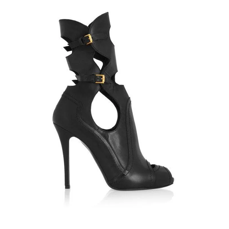 Sexy Black Leather Cutout Peep Toe High Heel Boots