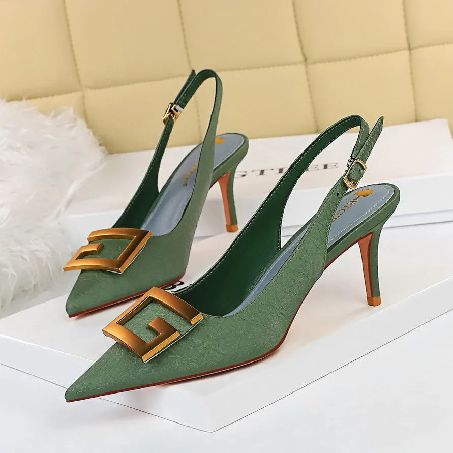 Shallow Pointed-Toe Hollow Out Metal Square Buckle Stiletto Party Shoes
