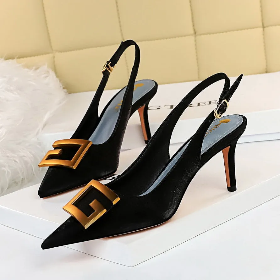 Shallow Pointed-Toe Hollow Out Metal Square Buckle Stiletto Party Shoes