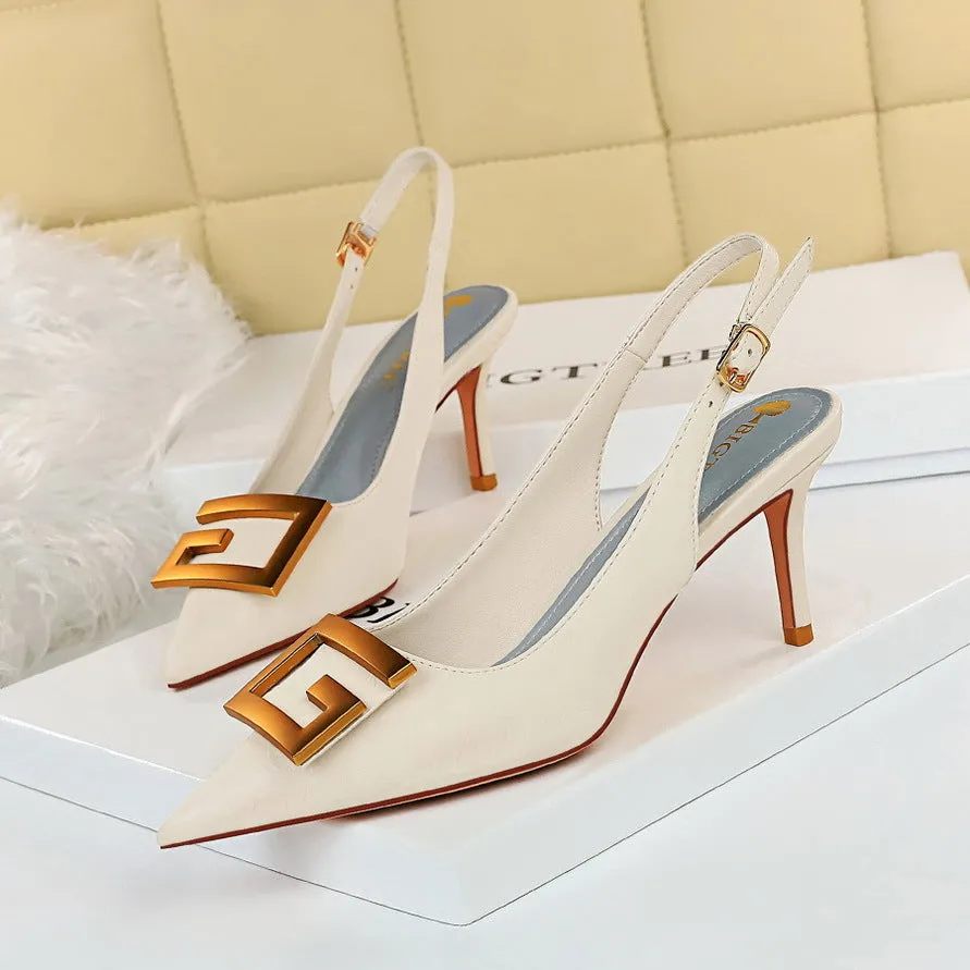 Shallow Pointed-Toe Hollow Out Metal Square Buckle Stiletto Party Shoes