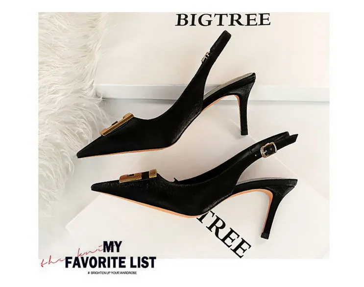 Shallow Pointed-Toe Hollow Out Metal Square Buckle Stiletto Party Shoes