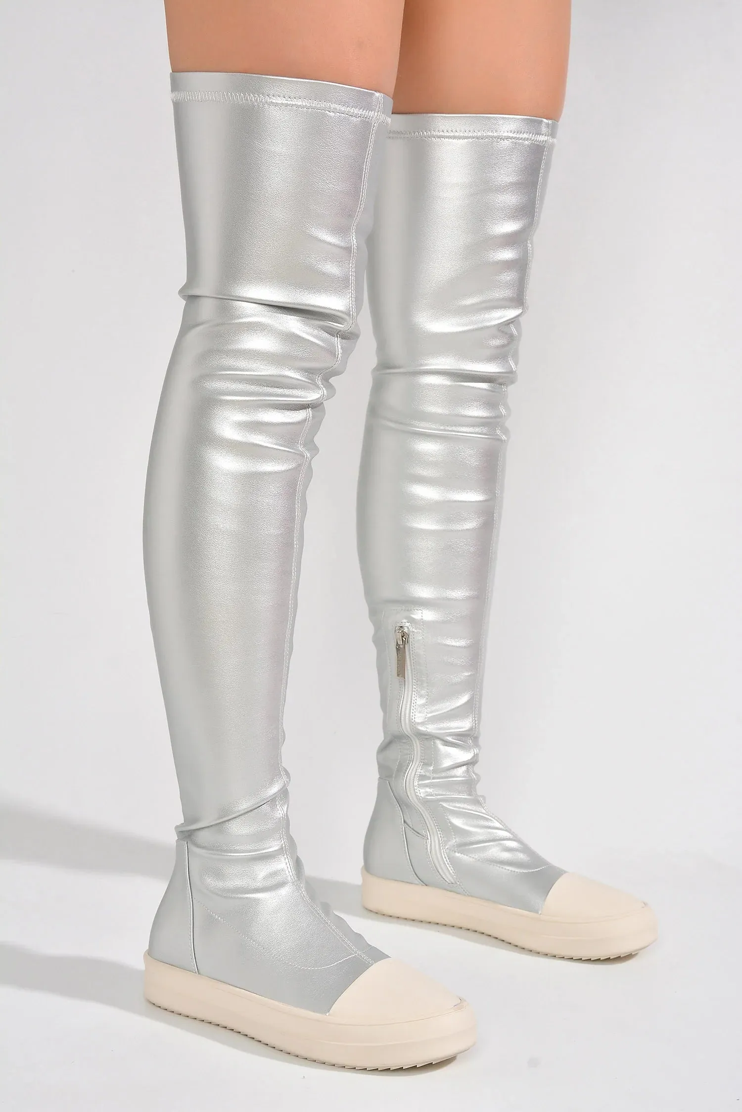 Silver Womens Thigh High Over Knee Sneaker Boots