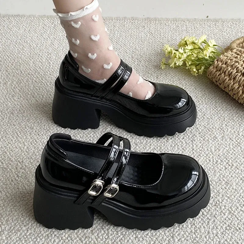 Sohiwoo Thick Heels Chunky Platform Mary Jane Shoes Women Autumn Ankle Strap Lolita Shoes Woman Patent Leather High Heels Pumps