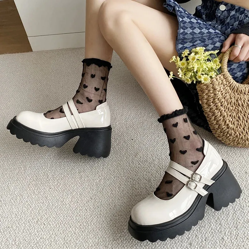 Sohiwoo Thick Heels Chunky Platform Mary Jane Shoes Women Autumn Ankle Strap Lolita Shoes Woman Patent Leather High Heels Pumps