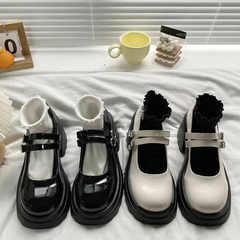 Sohiwoo Thick Heels Chunky Platform Mary Jane Shoes Women Autumn Ankle Strap Lolita Shoes Woman Patent Leather High Heels Pumps