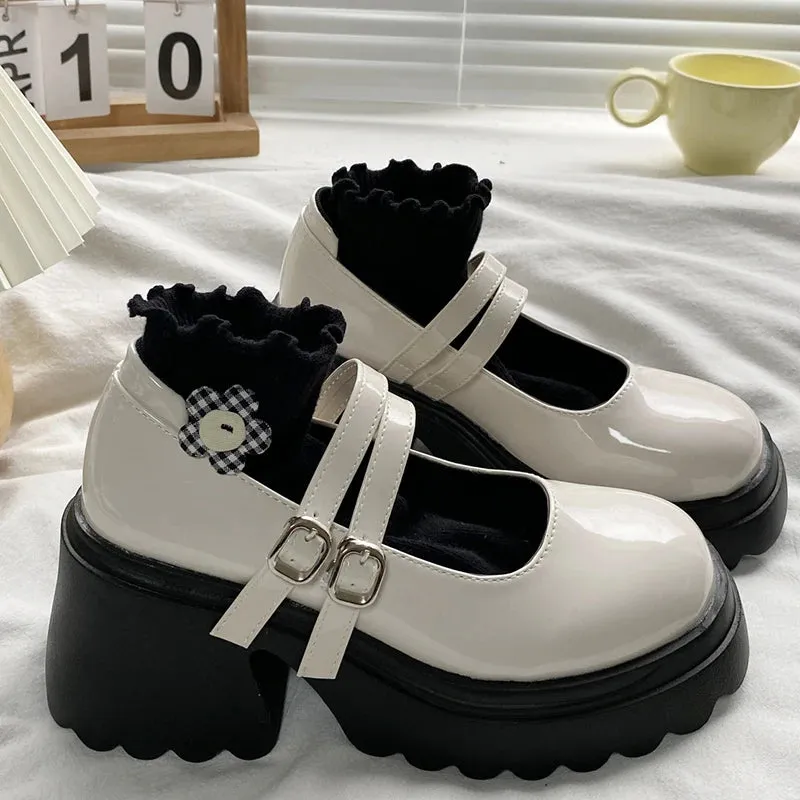 Sohiwoo Thick Heels Chunky Platform Mary Jane Shoes Women Autumn Ankle Strap Lolita Shoes Woman Patent Leather High Heels Pumps