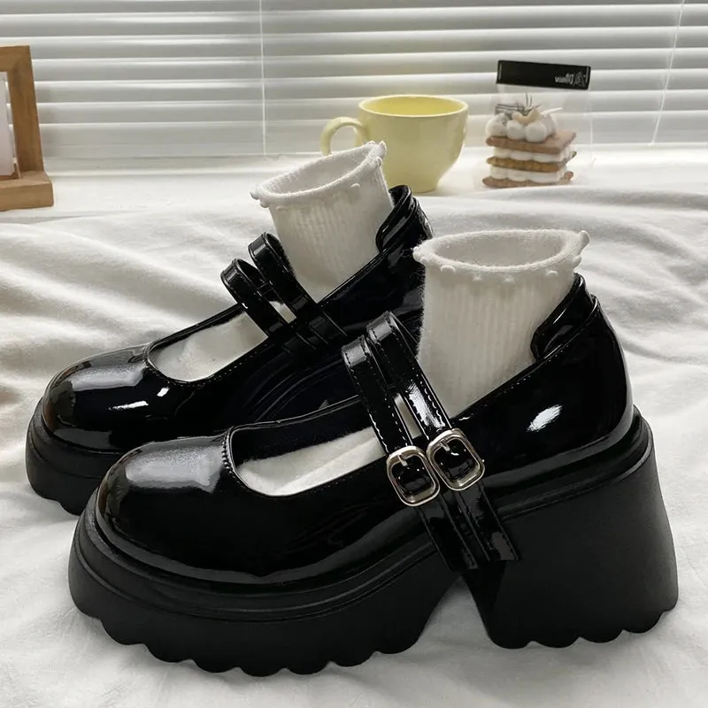Sohiwoo Thick Heels Chunky Platform Mary Jane Shoes Women Autumn Ankle Strap Lolita Shoes Woman Patent Leather High Heels Pumps