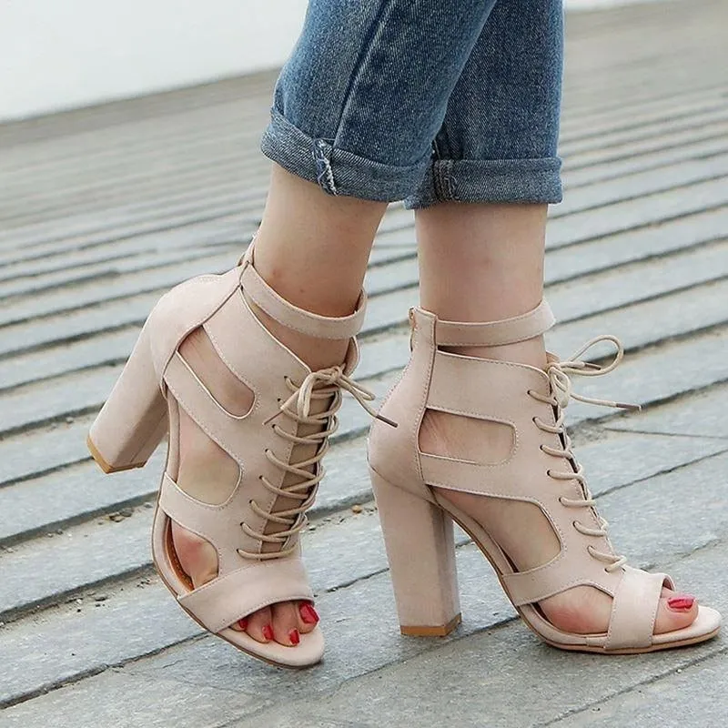 Spring Women Pumps Black Suede Fabric Cross Strap Platform High Thick Heel Hollow Sandals