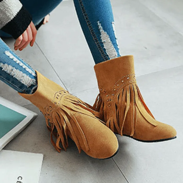 Winter Flat Fringe Suede Rhinestone Calf Boots