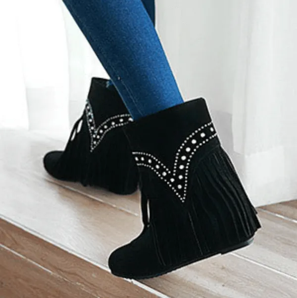 Winter Flat Fringe Suede Rhinestone Calf Boots