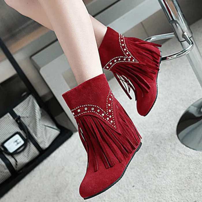 Winter Flat Fringe Suede Rhinestone Calf Boots