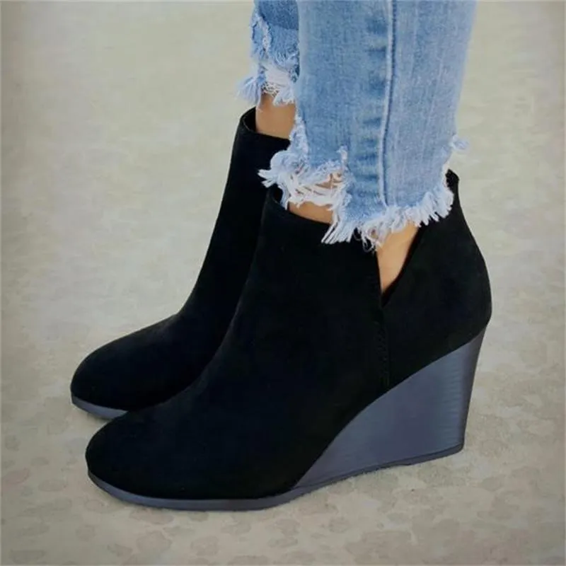 Women's side cut slip on wedge heel booties