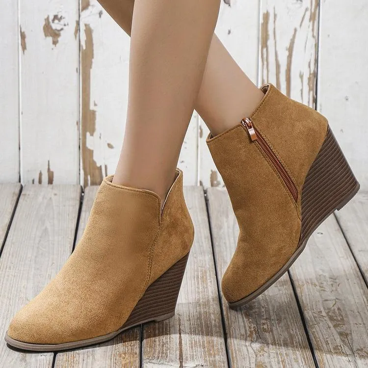 Women's side cut slip on wedge heel booties