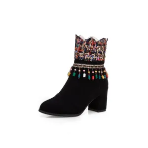 Women's Tassel Chunky High Heel Short Boots