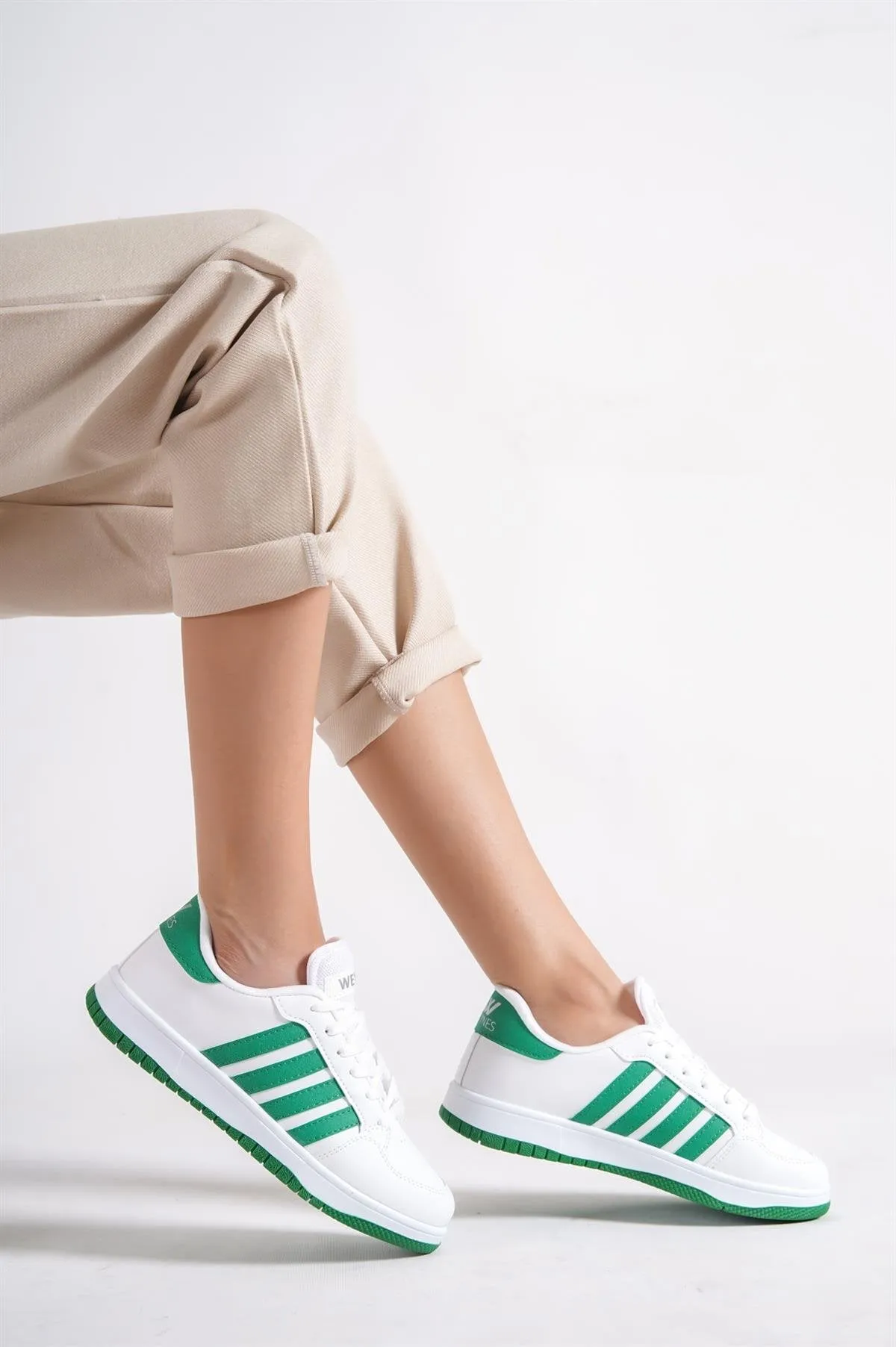Women's White-Green Flat Sole Lace-Up Casual Sneaker Sports Shoes