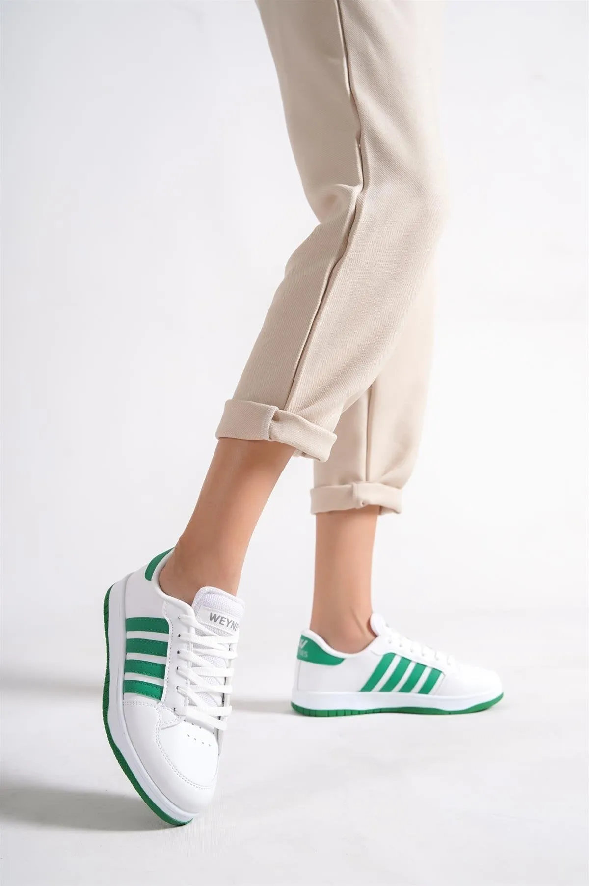 Women's White-Green Flat Sole Lace-Up Casual Sneaker Sports Shoes