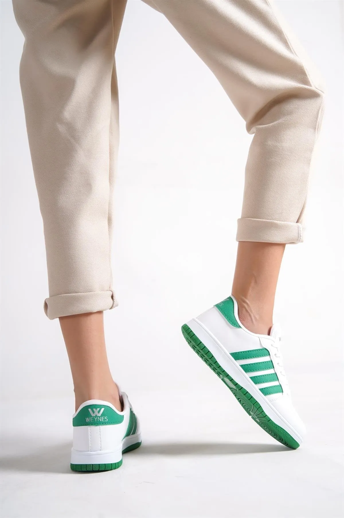 Women's White-Green Flat Sole Lace-Up Casual Sneaker Sports Shoes